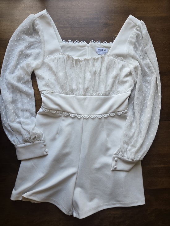 Bebe White Lace Trim Romper Small Sheer Sleeve Cottagecore Babydoll Playsuit - Picture 5 of 7